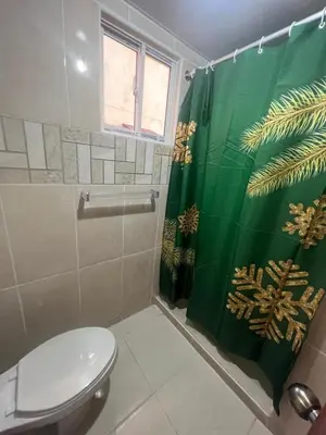 a bathroom with a toilet and a green shower curtain at Los manglares in La Cana