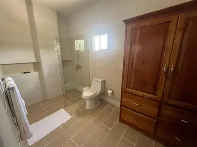 a bathroom with a toilet and a shower at Hotel Altos de la Montaña in Colonia Japonesa