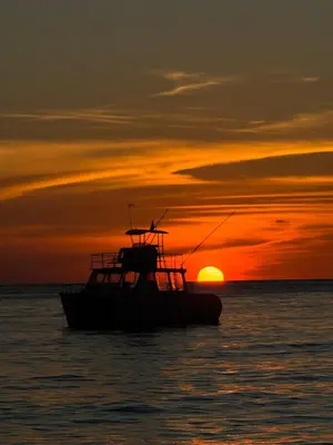 a boat sitting in the ocean at sunset at Apartment bayahibe in Bayahibe