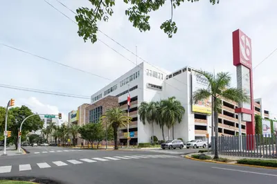 a city street with a building and palm trees at Confortable Apartamento Centro Ciudad in Santo Domingo