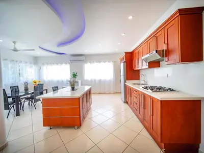 a large kitchen with wooden cabinets and a kitchen island at Plaza Achim 2BR APT heart of nightlife area in Sosúa