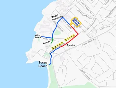 a map showing the route of a bus route at Garden Condos 21 Modern 1BR APT in Sosua Strip in Sosúa