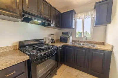 a kitchen with black cabinets and a stove and a sink at Garden Condos 35 Best Stylish apartment in Sosua in Sosúa