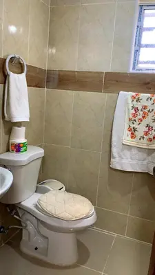 a bathroom with a toilet and a window and towels at Comfortable Apartament 20 Minutes from the airport in San Isidro