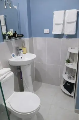 a bathroom with a white toilet and a sink at Spacious 3BR Duplex with Private Rooftop , Ideal for Monthly & Corporate Stays in San Isidro