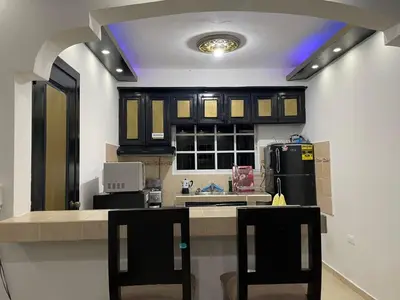 a kitchen with black cabinets and a black refrigerator at Departamento a 15 minutos de la playa in Imbert