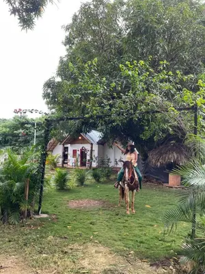a person riding a horse under a tree at Dreamvilles Ecovillage in Las Galeras