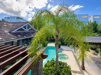 a palm tree next to a swimming pool at Villa 1 min walk from the beach in Las Terranas in El Limón