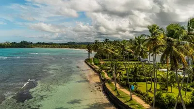 a view of a beach with palm trees and the ocean at Lux villa playa bonita in Las Terrenas