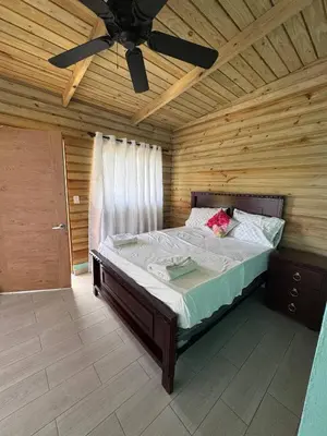 a bedroom with a bed with a ceiling fan at Las Indgenas 6BR Pool Jacuzzi Gazebo in Imbert