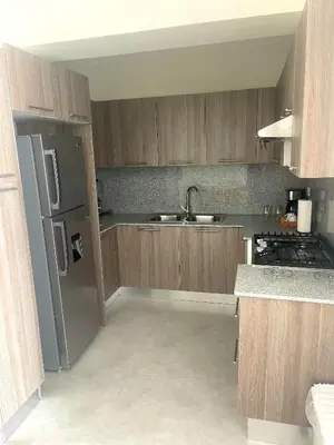 a kitchen with wooden cabinets and a stainless steel refrigerator at BoCA DEL MAR 3 BOCA CHICA in Boca Chica