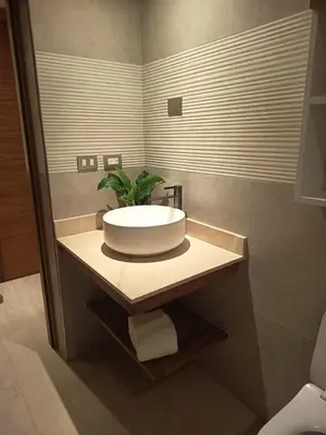 a bathroom with a sink with a plant on a counter at Cozy tiny home by the beach in La Laguna