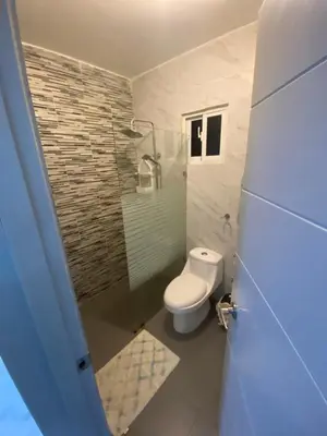 a bathroom with a toilet and a glass shower at Brisas del mar in San Felipe de Puerto Plata