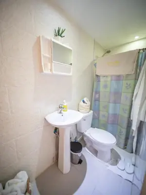 a bathroom with a sink and a toilet and a shower at Room in Sosua center with Outdoor Jacuzzi in Sosúa