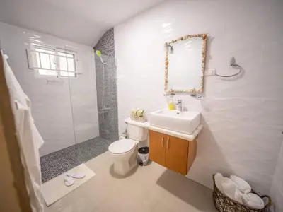 a bathroom with a toilet and a sink and a shower at Cozy & Quiet 1BT Apt Central in Sosua in Sosúa