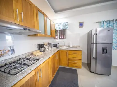 a kitchen with wooden cabinets and a stainless steel refrigerator at Cozy & Quiet 1BT Apt Central in Sosua in Sosúa