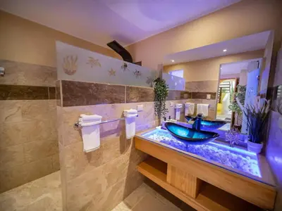 a bathroom with a large tub with a blue bowl at North Coast Luxury Villa in Sosua - 6BR Suites in Sosúa