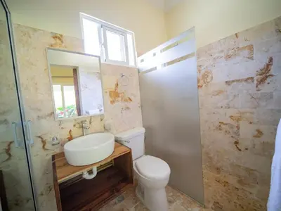 a bathroom with a toilet and a sink and a mirror at Sun and Soul Caribbean 9BR Villa in Sosua in Sosúa