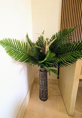 a black vase with a green plant in it at Beautiful Apartment overlooking Samaná Bay