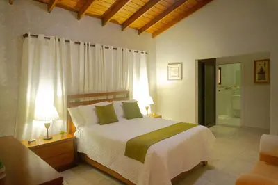 a bedroom with a large bed with white sheets and green pillows at Our dreams house in Jarabacoa
