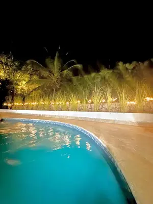a swimming pool at night with palm trees in the background at Hermosa y acogedora Villa en Casa de Campo in La Romana