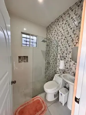 a bathroom with a toilet and a shower and a sink at Cruzairbnb in San Felipe de Puerto Plata