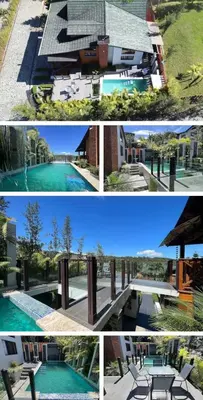 a collage of four pictures of a swimming pool at cabaña de renta en Jarabacoa in Jarabacoa