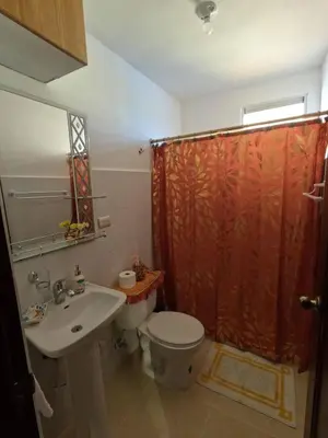a bathroom with a toilet sink and a shower curtain at Charming 2-Bedroom Apartment with Stunning Views in Santiago in Santiago de los Caballeros