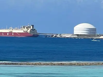 a large container ship in the water with a telescope at Dreamvillage in Boca Chica