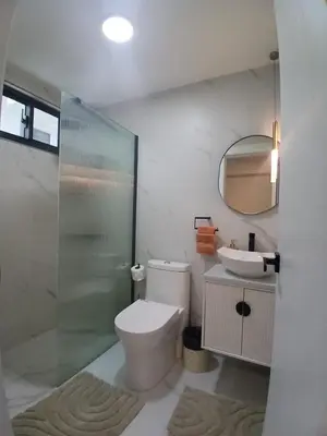 a bathroom with a shower and a toilet and a sink at Downtown, Cozy and Modern! in Santo Domingo