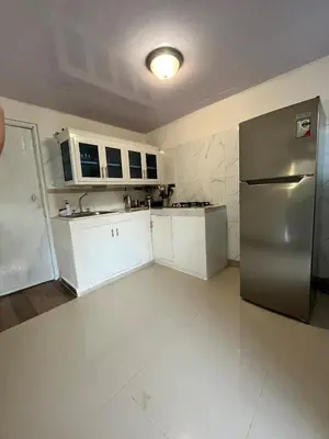 a kitchen with white cabinets and a stainless steel refrigerator at Mirador de las Nubes in Jarabacoa