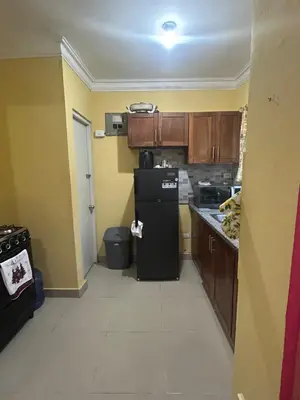a kitchen with a black refrigerator and wooden cabinets at Garden view paradise in Concepción de La Vega