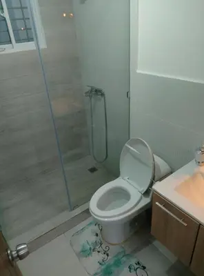 a bathroom with a shower and a toilet and a sink at Apartamento Alto del valle de 2 habitaciones in Santiago de los Caballeros