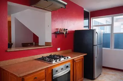 a kitchen with a black refrigerator and a stove at Villa La Olita in La Puntica de Juan Dolio