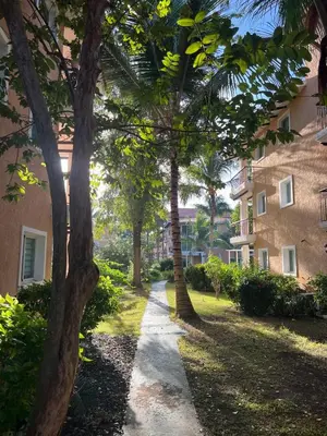 a path in front of a building with trees at Cozy 3 Bedroom Apartment with Pool & Private Beach in Bávaro Punta Cana in Punta Cana