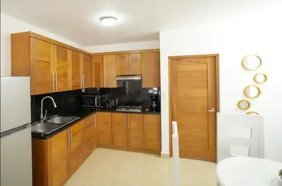 a kitchen with wooden cabinets and a sink and a refrigerator at Cristamar in Cabarete