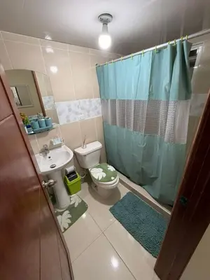a bathroom with a toilet and a sink and a shower at Super Apartment 10 mn to the Int Airport