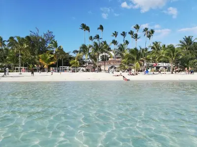 a beach with palm trees and people in the water at Oz Residence Beach Two-Bedroom Apartment & Free Parking