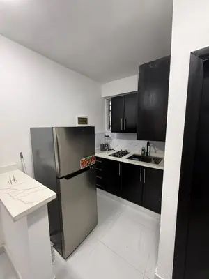 a kitchen with a stainless steel refrigerator and black cabinets at Moon Apartamentos C1 in San Cristóbal