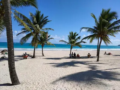 a group of people sitting on a beach with palm trees at Pure relax in Bavaro La Casita de Giò in Punta Cana