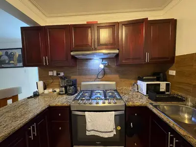 a kitchen with a stove and a counter top at Cómodo y moderno apartamento en Santiago Gurabo Sin costo de limpieza in Santiago de los Caballeros