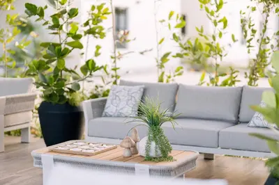 a living room with a couch and a table with plants at Mountain and pool modern apartment in Santiago de los Caballeros