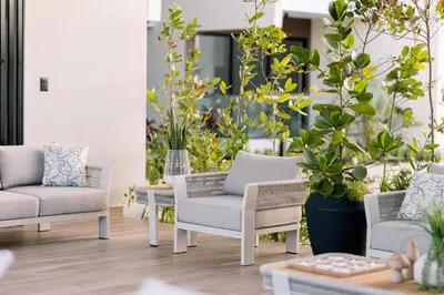 a living room with chairs and potted plants at Mountain and pool modern apartment in Santiago de los Caballeros