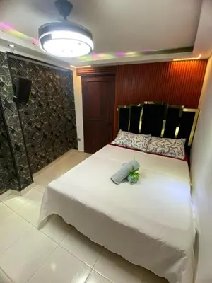 a bedroom with a large white bed and a light at Luxury Beautiful mini apartment Private jacuzzi in Santo Domingo