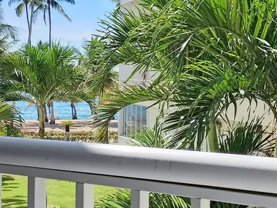 a view of a beach from a balcony with palm trees at Residencias Turísticas Espinosa in Villas del Mar