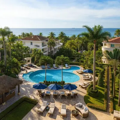 an aerial view of a resort pool with chairs and umbrellas at Casa Lio in Boca Chica