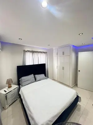 a bedroom with a large white bed and a night stand at Apartamento en bani in Baní