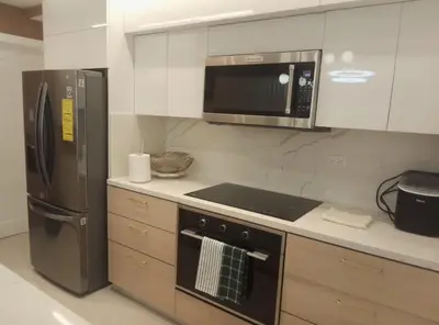 a kitchen with a stove and a microwave and a refrigerator at Sky 01 M10 in Santo Domingo