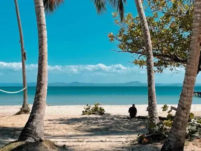 a man sitting on the beach between palm trees at Habitat Samaná Apartments - Coral Samanà