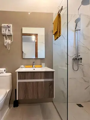 a bathroom with a sink and a shower at Comfortable stay for 4 people in Las Galeras